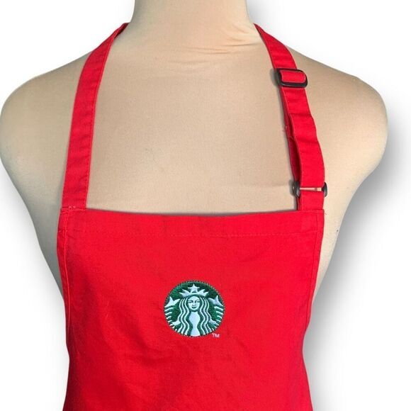 Starbucks Christmas Red Barista Full Apron Green Embroidered Logo Tie Back - Picture 2 of 15